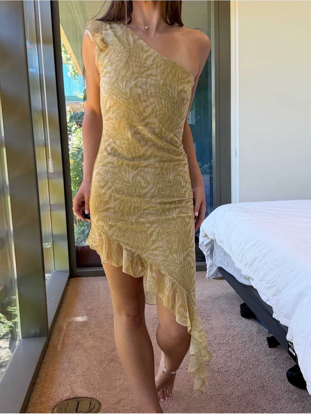 One-Shoulder Ruffle Hem Yellow Asymmetrical Dress